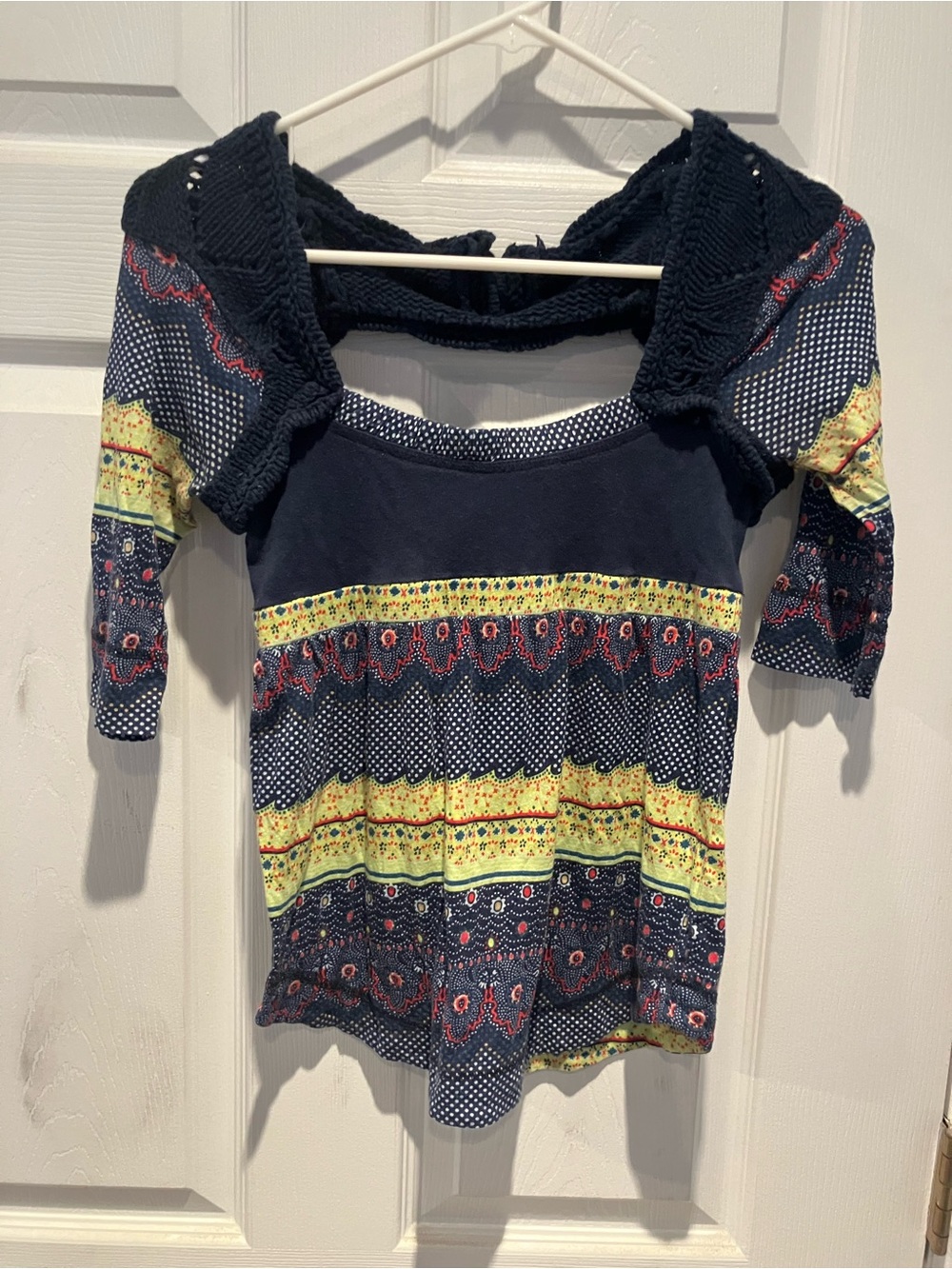 Free People Bohemian Crochet 3/4 Length Sleeve Top